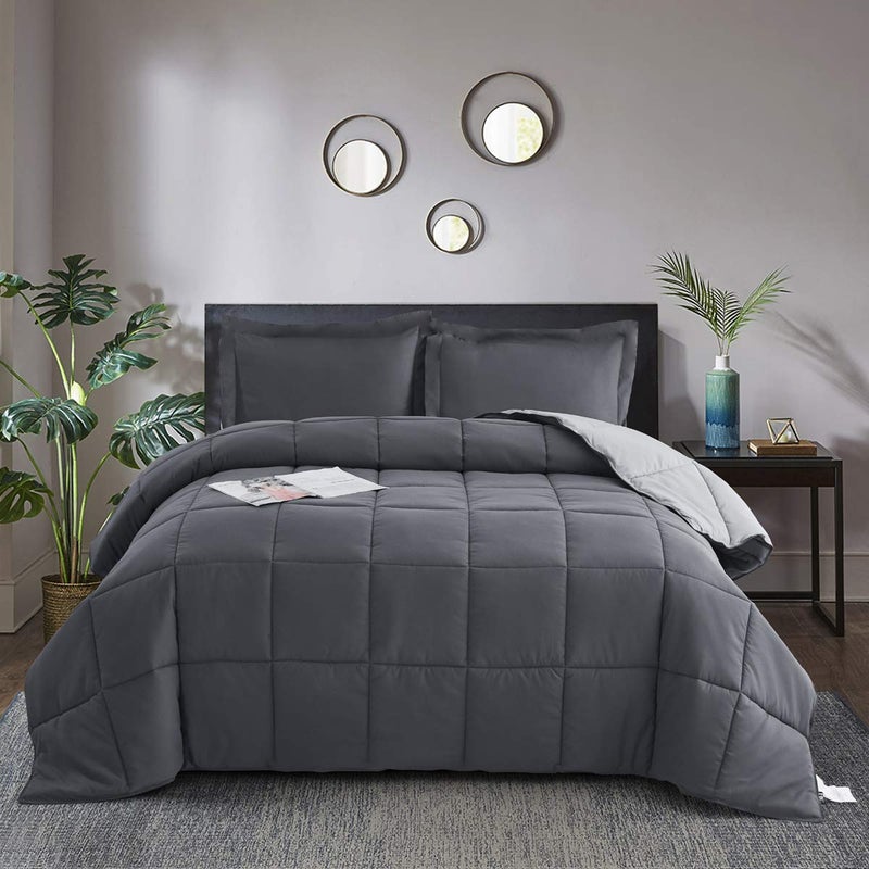 Hi -G HIG 3pc Gray Twin/Twin XL Comforter Set - All Season Reversible Down Alternative Comforter with Two Sham - Quilted Duvet Insert with Corner Tabs - Box Stitched Blanket - Breathable, Soft - Image 2